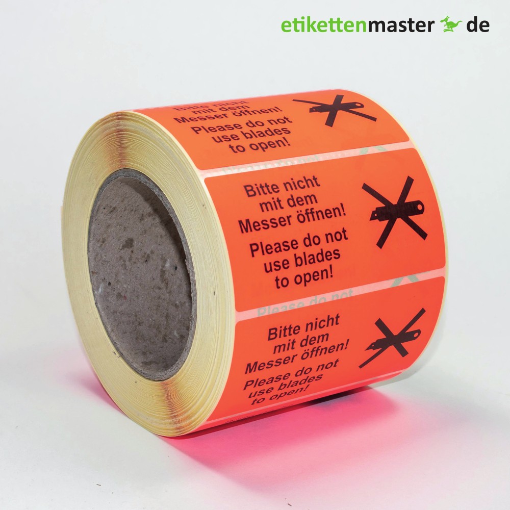 100 x 50 mm, Paketkennzeichnung Bitte nicht mit dem Messer öffnen!, Rolle, Kern 76 mm, 1.000 Etiketten 100 x 50 mm, Paketkennzeichnung Bitte nicht mit dem Messer öffnen!, Rolle, Kern 76 mm, 1.000 Etiketten