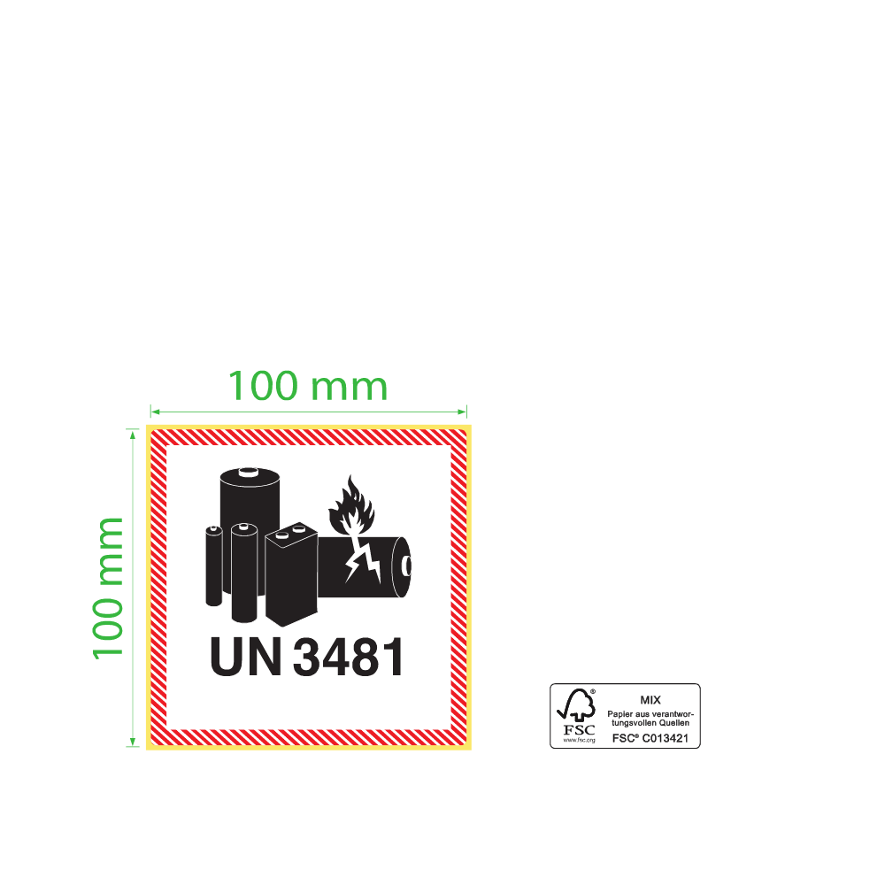 100 x 100 mm, Transportaufkleber, Lithium Ionen Batterien - Akku, UN3481, Kern 76 mm, 1.000 Etiketten  