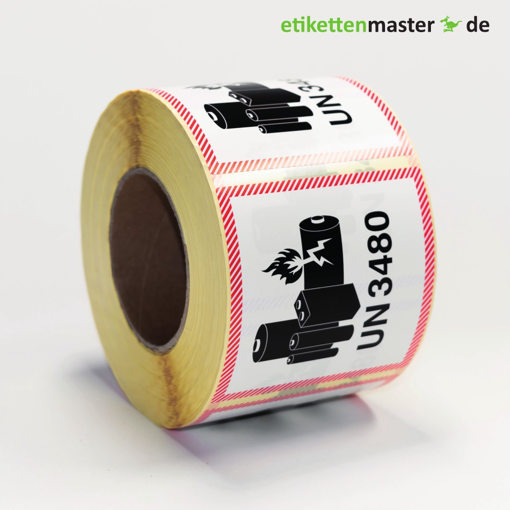 100 x 100 mm, Transportaufkleber, Lithium Ionen Batterien - Akku, UN3480, Kern 76 mm, 1.000 Etiketten 100 x 100 mm, Transportaufkleber, Lithium Ionen Batterien - Akku, UN3480, Kern 76 mm, 1.000 Etiketten