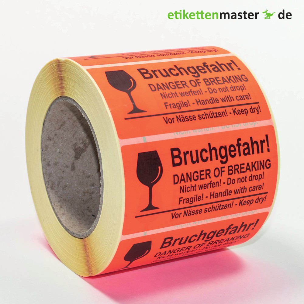 100 x 50 mm, Paketkennzeichnung "Bruchgefahr! Vor Nässe schützen!", Rolle, Kern 76 mm, 1.000 Etiketten 100 x 50 mm, Paketkennzeichnung "Bruchgefahr! Vor Nässe schützen!", Rolle, Kern 76 mm, 1.000 Etiketten