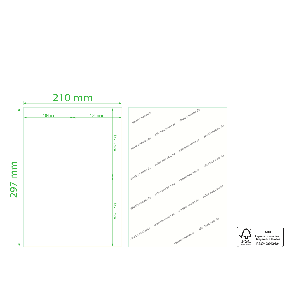210 x 297mm, Laser, Einzelblatt,  geslittet, 500 DIN A4, 2.000 Etiketten  