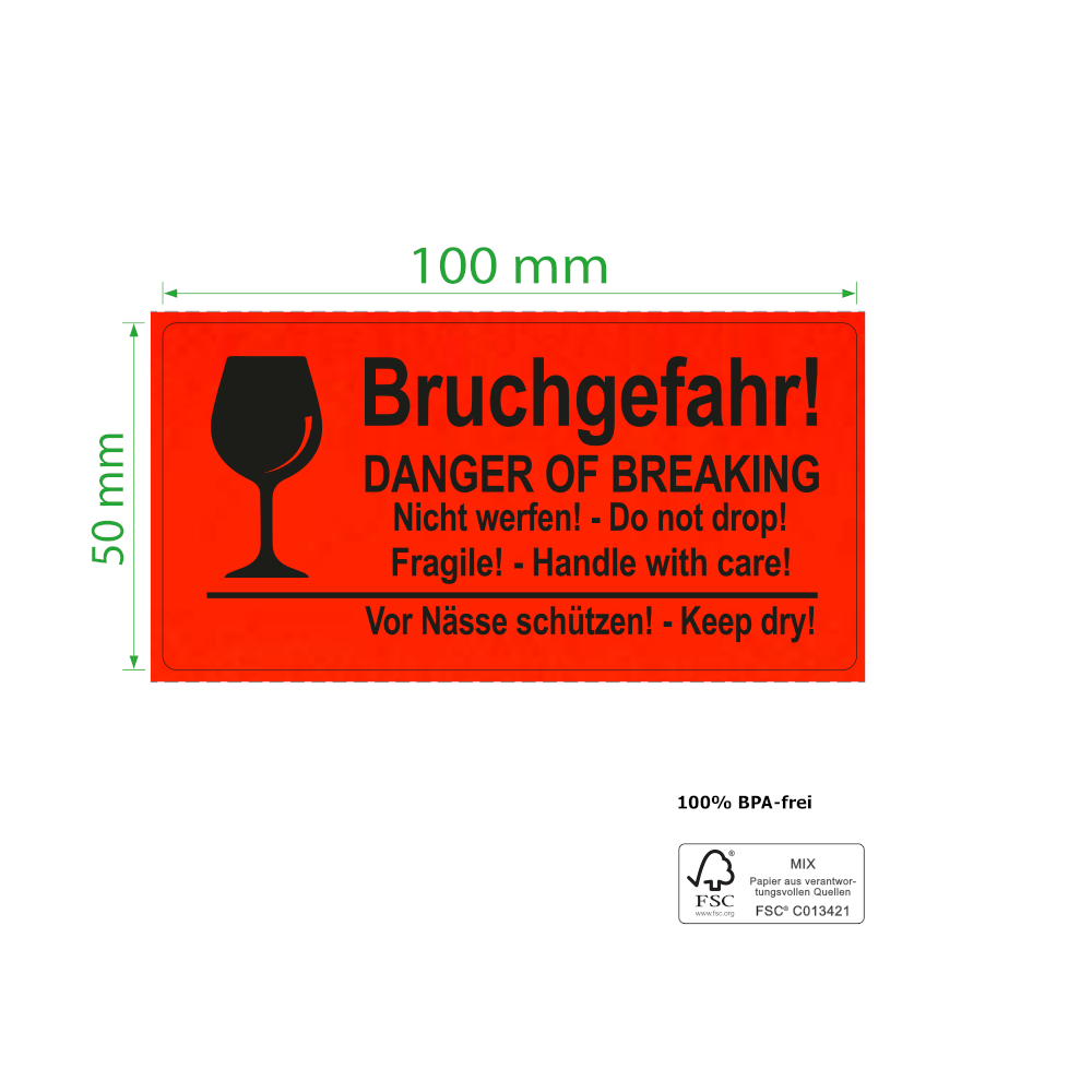 100 x 50 mm,  Paketkennzeichnung "Bruchgefahr! Vor Nässe schützen!", Rolle, Kern 76 mm, 1.000 Etiketten