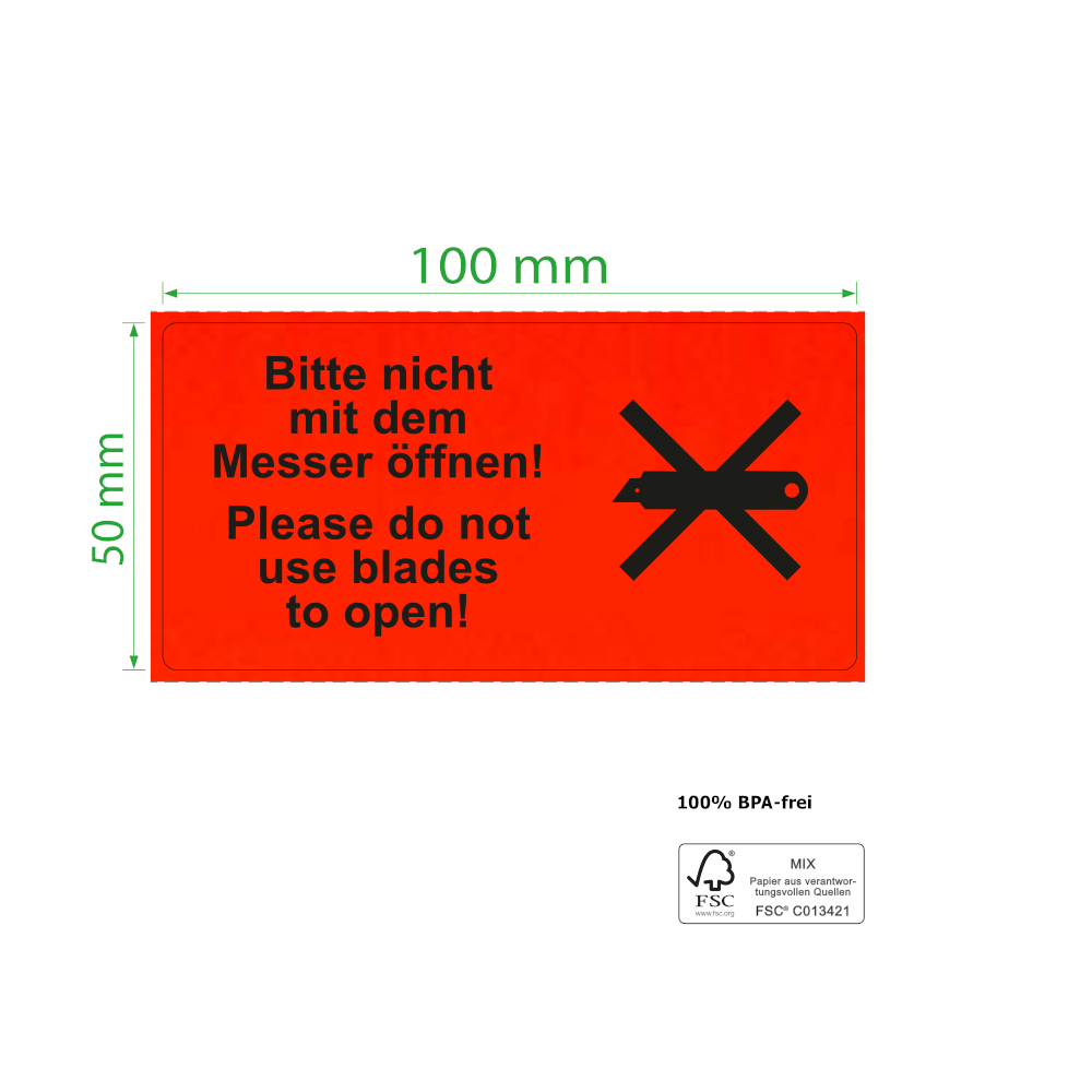 100 x 50 mm,  Paketkennzeichnung Bitte nicht mit dem Messer öffnen!, Rolle, Kern 76 mm, 1.000 Etiketten