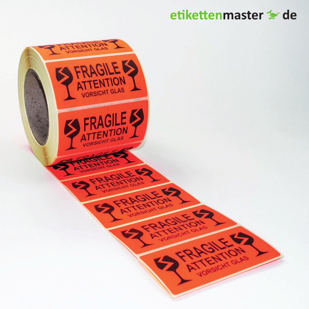100 x 50 mm,  Paketkennzeichnung Fragile - Attention - Vorsicht Glas, Rolle, Kern 76 mm, 1.000 Etiketten